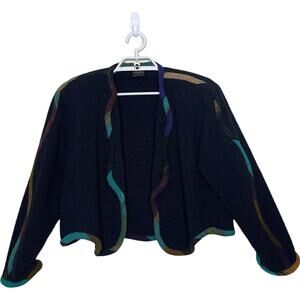 Vtg CANDISS COLE Wool Cropped‎ Bolero Jacket Black Rainbow Trim Art To Wear P/S